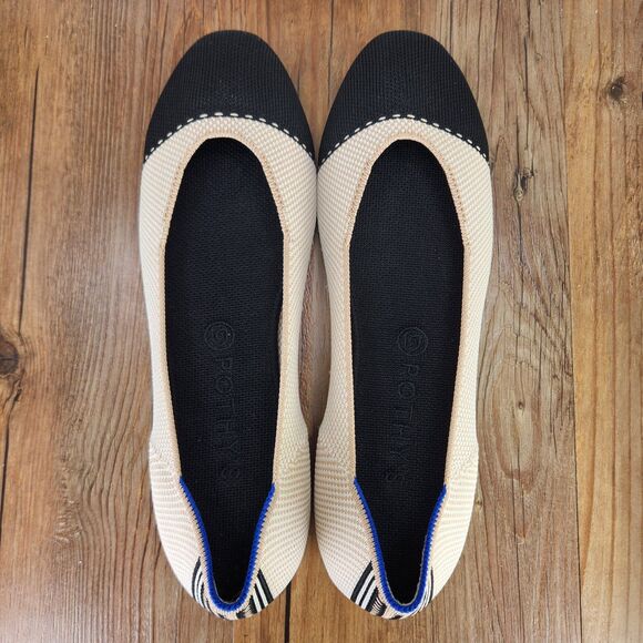 Rothy's The Square Tuxedo Cream Black Womens Sz 11.5 Cap Toe Ballet Flats Shoes - Picture 6 of 9